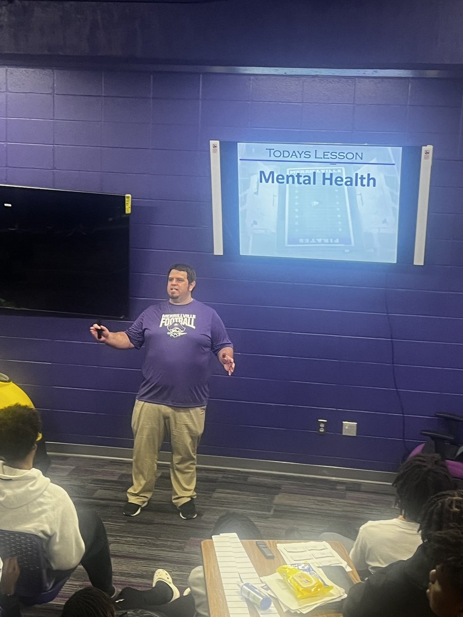 mhspiratefball's tweet photo. Today, Defensive Coordinator, Josh Sabinas, gave an amazing presentation in our Football 101 meeting. He talked to kids about the importance of mental health and also described the hardships and adversity that young adults face. https://t.co/4CpSv50y2M
