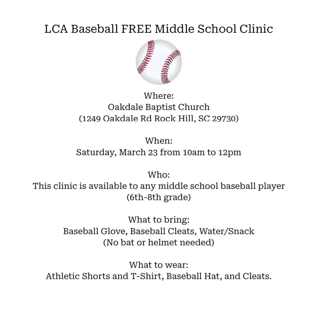 On March 23rd all kids in grades 6th-8th are invited to come out to our FREE Middle School Baseball Clinic. The clinic will be at Oakdale Baptist Church and will be ran by our 3 seniors ⬇️
<a href="/ryan_burke34/">Ryan Burke</a> 
<a href="/rileystiles4/">riley stiles</a> 
<a href="/TylerRosario27/">Tyler Rosario</a>
