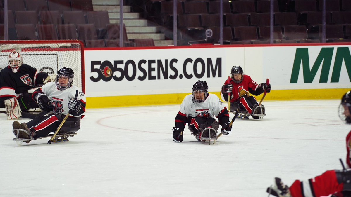 Senators's tweet photo. Had a blast at @CdnTireCtr today learning the ropes of sledge hockey from @SledgeSHEO!

Before putting our skills to the test and lining up for a scrimmage, the Senators Community Foundation presented SHEO with a cheque worth $5,000 to grow the game 🏒

#GoSensGo https://t.co/Mf4cMjogDJ
