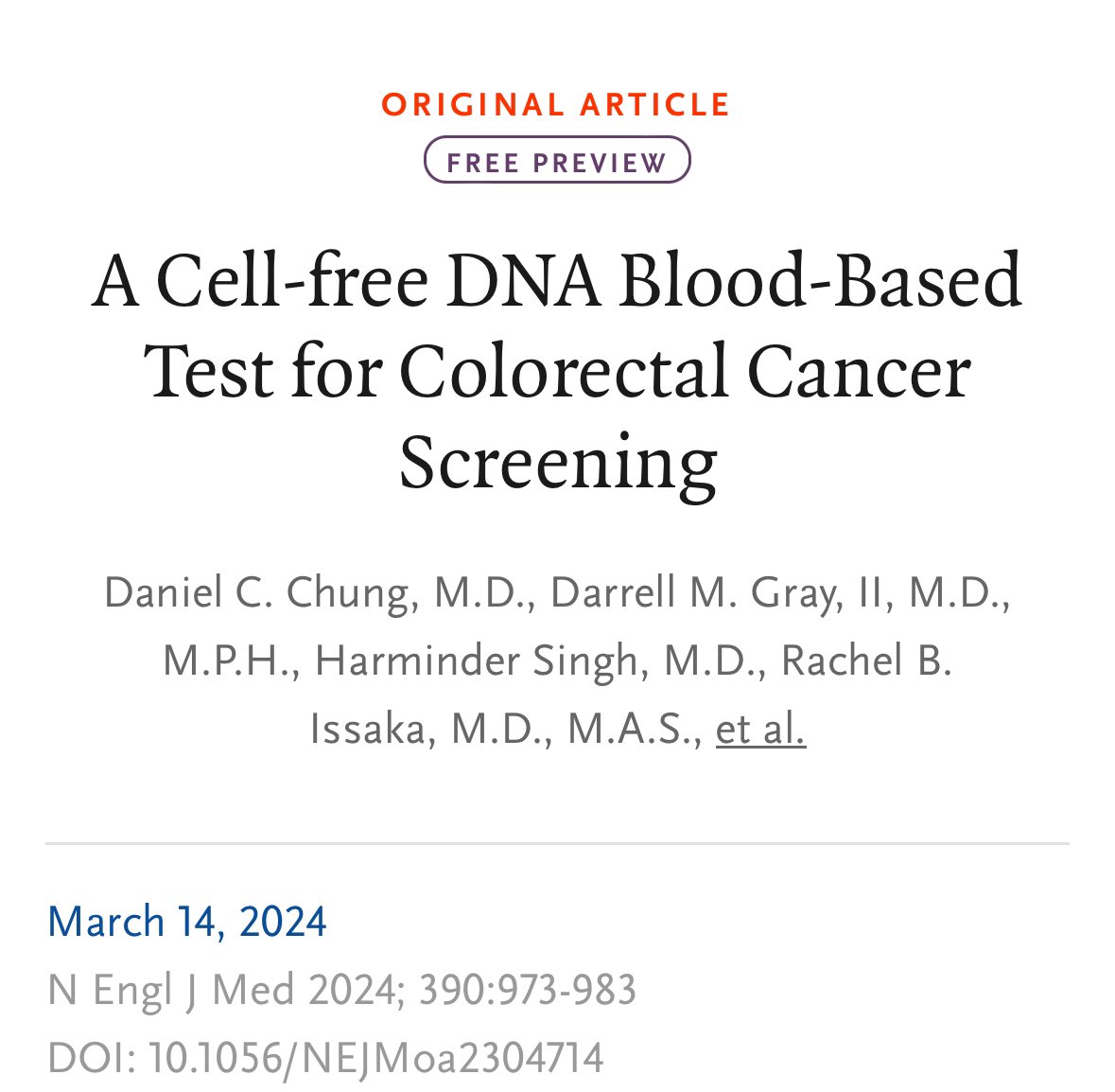 🚨 A blood based cell free DNA test is able to detect colorectal cancer with 83% sensitivity and advanced neoplastic lesions with 90% specificity 

nejm.org/doi/full/10.10…

@dr_yakupergun @theliverdr @NEJM @OncoAlert #MedX #ColorectalCancerAwarenessMonth @LiquidBioTeam