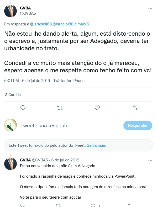 @10_6_10_20 Na verdade, parece que VOLTARAM ao comportamento de 2019, onde um OUTRO advogado partia pro assédio quando uma das líderes do BANDO atacava e levava o revide, mas foram pra cima da FERA, @GVBA5 e voltaram com o rabinho enrolado nas patas.