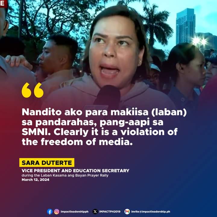 Your useless father set the precedent on the attack on freedom of the press when He had ABS-CBN closed. Not only does SMNI deserve to be closed but it is just karma. Hindi ba kaya ni Quiboloy ipa-stop ang closure nila? Sila pa napa-stop. 🤣