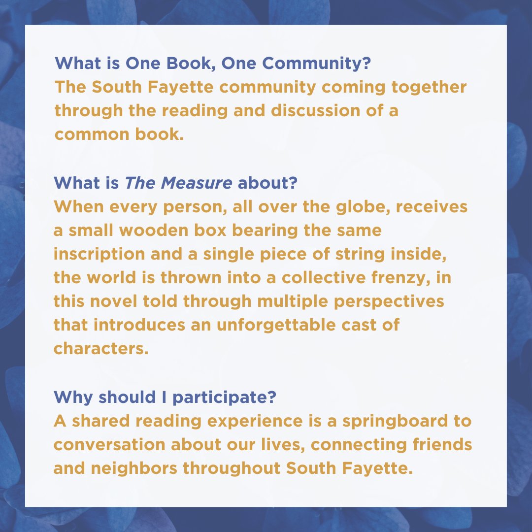 SouthFayette Library (@sfayettelibrary) on Twitter photo What if we all got together and read just one story?
Proudly announcing our fourth annual One Book, One Community!
Join your community this May to discuss The Measure by Nikki Erlick.
southfayettelibrary.org/oboc/ What if we all got together and read just one story?
Proudly announcing our fourth annual One Book, One Community!
Join your community this May to discuss The Measure by Nikki Erlick.
southfayettelibrary.org/oboc/