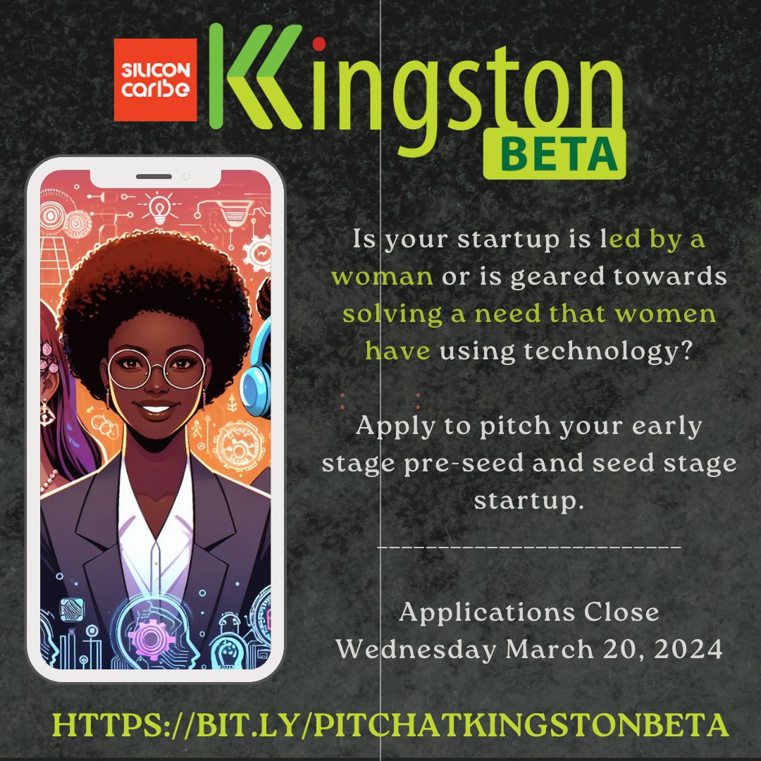 kingstonbeta's tweet photo. Want to Pitch on the Startup Stage
at our next event, Thursday, March 28th?

It's our International Women's Month Event, so 
the entrepreneur pitching must be a woman OR presenting a startup focused on solving a problem for women.

Apply Now: https://t.co/W7r8oOczkp

#KgnBeta https://t.co/yqaVlSYShI