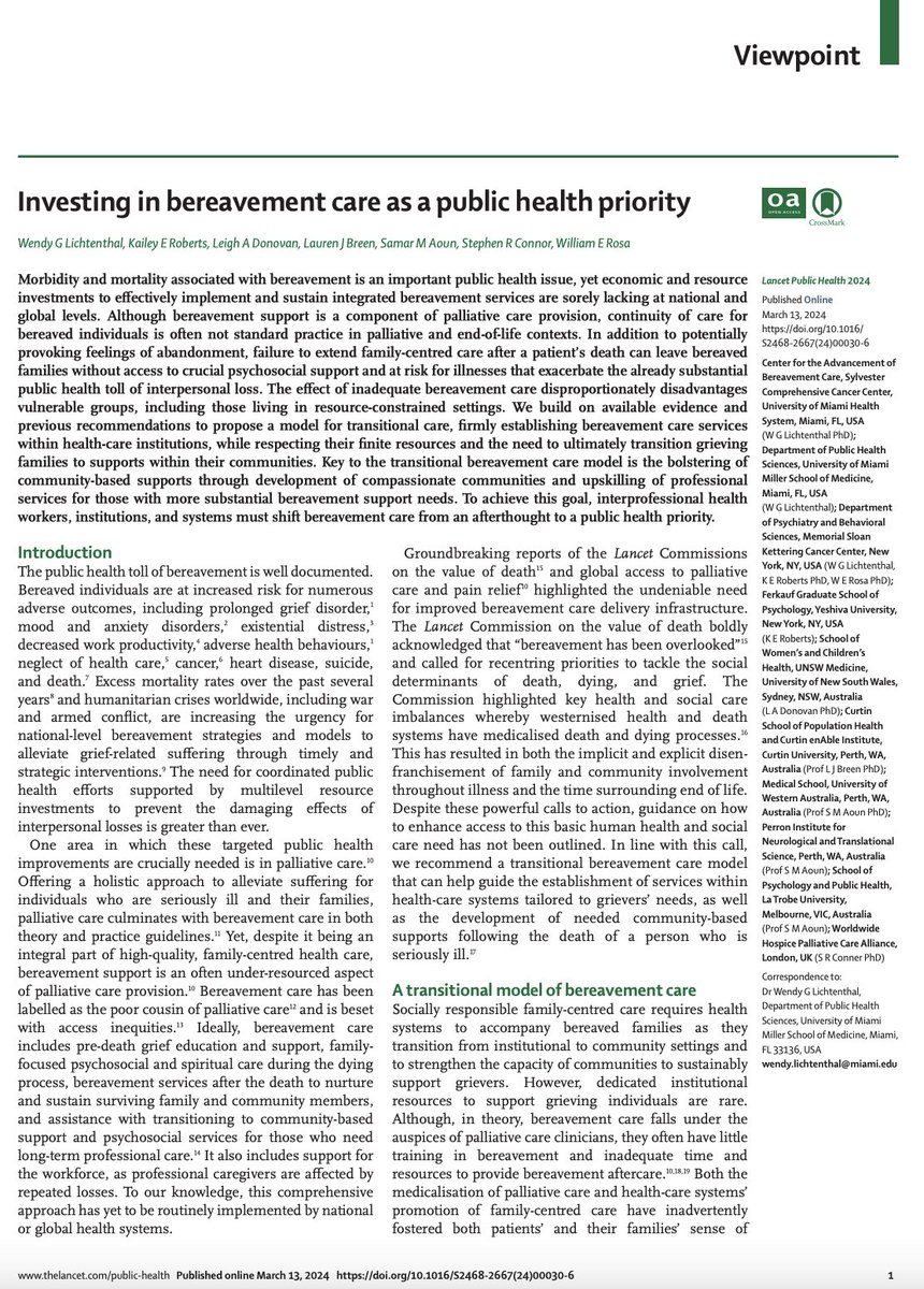 🚨Our @TheLancetPH viewpoint calls for strategic investment in #bereavement care as a #PublicHealth priority➡️Led by @wendylic from @SylvesterCancer, we offer a transitional care model for institutions & communities to sustainably support grievers🔗:authors.elsevier.com/sd/article/S24…🌍🫂❤️‍🩹