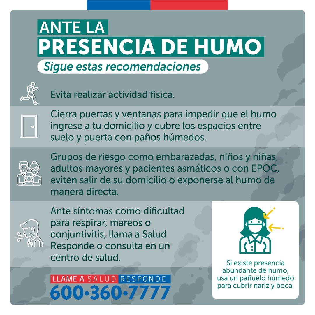 SaludSsrv's tweet photo. ⚠️  Ante la presencia de fuego, humo y/o cenizas, es muy importante que mantengas estas recomendaciones sanitarias para cuidar tu salud y de tu entorno. 

⚠️ Sigue las indicaciones de las autoridades.

 #Valparaíso https://t.co/dmqtWc8XBw