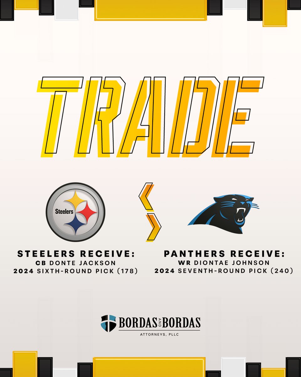 We have acquired CB Donte Jackson and a 2024 sixth-round pick (178th overall) from the Carolina Panthers for WR Diontae Johnson and a 2024 seventh-round pick (240th overall). <a href="/BordasLaw/">Bordas & Bordas</a> 

📝: bit.ly/3TDoHEI