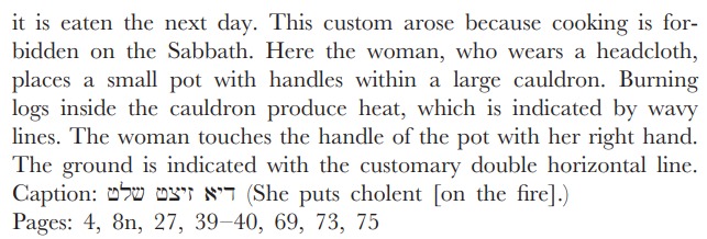 Illustration for 'Shabbos Hafsakah': A woman 'zitz'ing the 'chalat' (cholent)