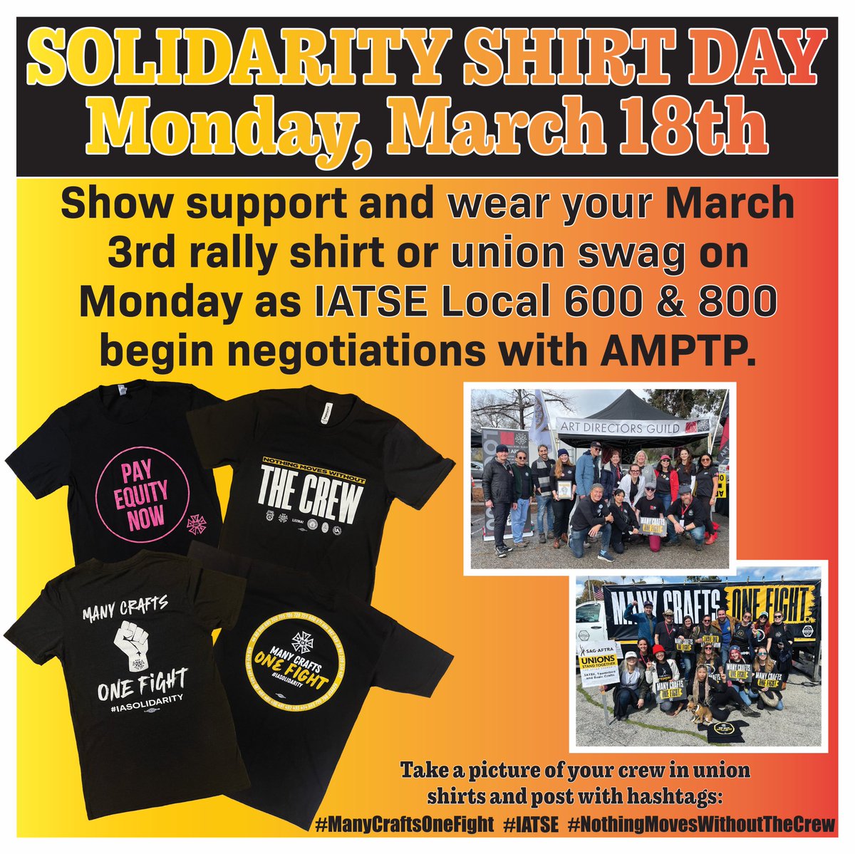 IATSE local 800 and 600 begin their negotiations on March 18th. Wear your union gear and show your support. Let’s do this! #IATSE #NothingMovesWithouttheCrew #solidarity #UnionStrong