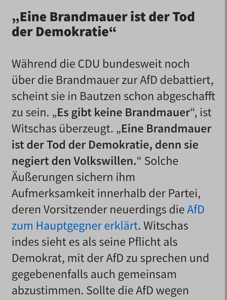 'Eine #Brandmauer ist der Tod der Demokratie' und als Demokrat besteht die Pflicht, ggf. mit der #AFD abzustimmen. Liebe Journalist*innen, liebe Follower*innen, dieses außergewöhnliche Portrait mit dem rechten Landrat Udo #Witschas (#CDU) verdient höchste Aufmerksamkeit 1/2