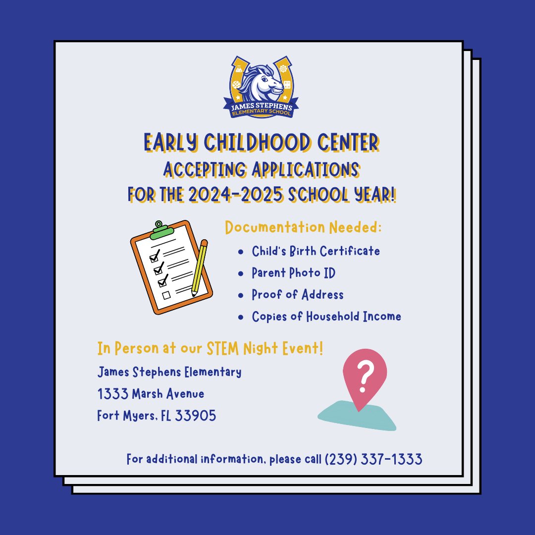 JSEMustangs's tweet image. James Stephens Early Childhood program is open for enrollment for the 2024-2025 school year! We will have enrollment specialists on site at our annual STEM Night Event taking place Thursday, March 14th from 5:30pm-7:30pm. See photo for required documentation. 💙🐴💛