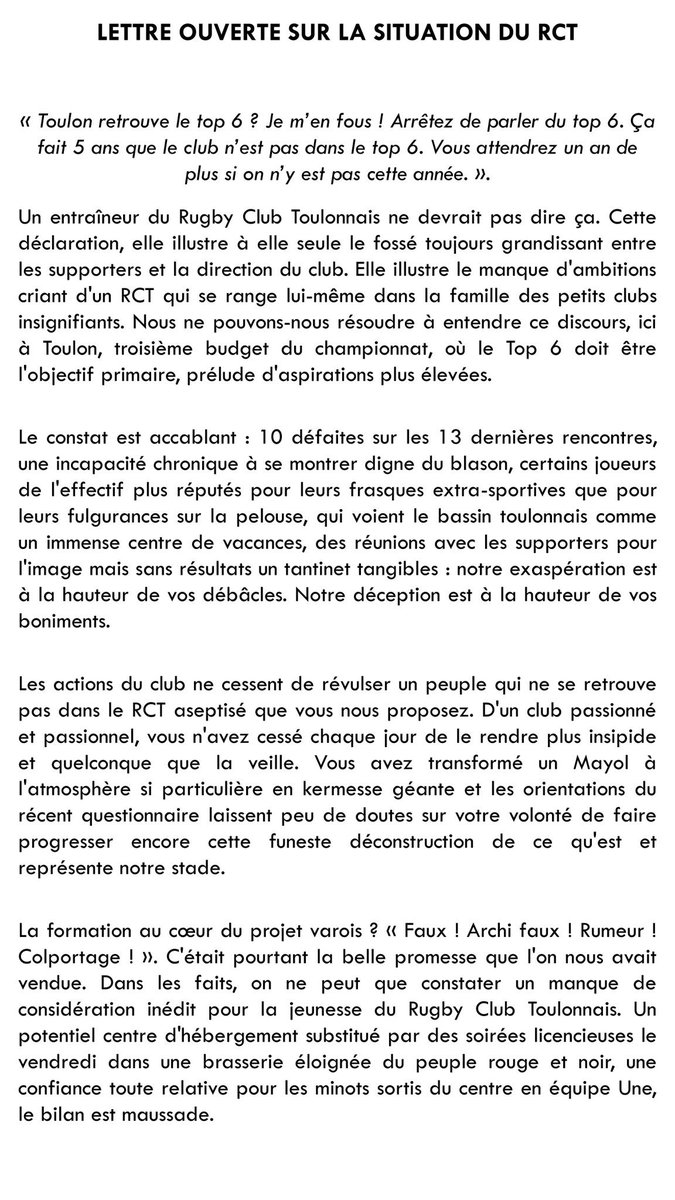 team_rct's tweet photo. LETTRE OUVERTE AU @RCTofficiel

La situation et l'évolution du RCT ces dernières saisons nous font mal, au plus profond de nous.  Les supporters qui partagent ce constat et cette douleur peuvent se réapproprier ces mots en partageant cette lettre à leur tour. https://t.co/7CAdgztbwK
