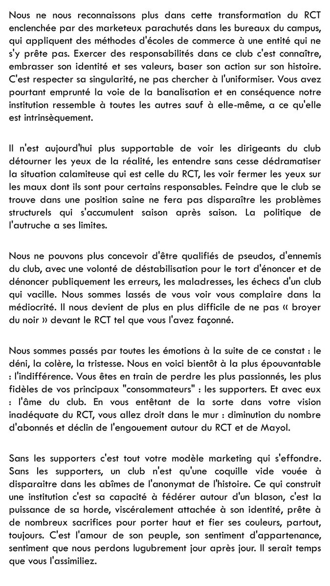 team_rct's tweet photo. LETTRE OUVERTE AU @RCTofficiel

La situation et l'évolution du RCT ces dernières saisons nous font mal, au plus profond de nous.  Les supporters qui partagent ce constat et cette douleur peuvent se réapproprier ces mots en partageant cette lettre à leur tour. https://t.co/7CAdgztbwK