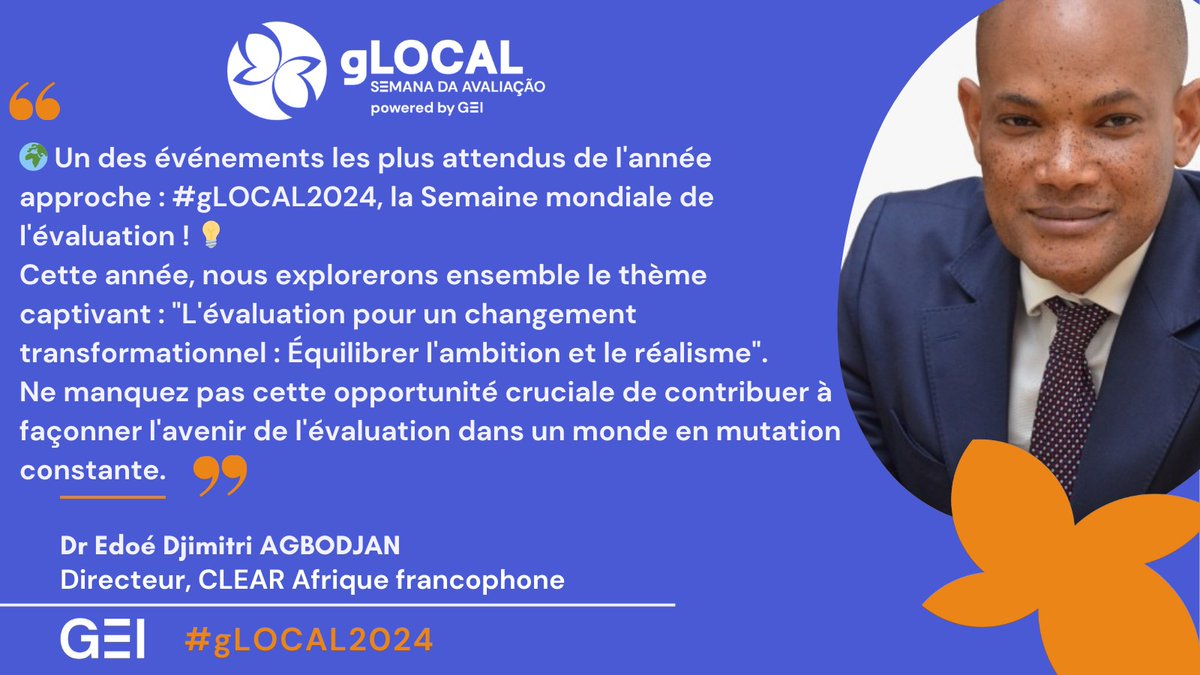 La date limite approche. Soumettez une proposition d'événement 👉glocalevalweek.org et ayez la chance d'organiser un événement dans le cadre de la Semaine mondiale de l'évaluation #gLOCAL, qui se déroulera du 3 au 7 juin.
Pour mieux comprendre: youtu.be/PDu4KTye0jA