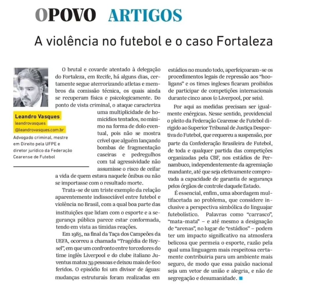 leandrovasques's tweet photo. Confira o meu novo artigo sobre a violência no futebol, publicado no Jornal O Povo.

#violêncianofutebol #futebol #direitopenal https://t.co/xvgOW2BCjQ