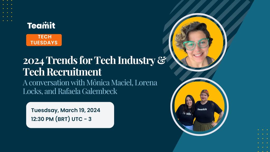 Join us this Tuesday, Mar 19, for a live stream here and on LinkedIn with our Talent Advisors, Lore, Mônica and Rafa. Explore the latest trends in the tech industry for 2024, including emerging technologies, market rates, key roles, insights on potential layoffs. Save the date!