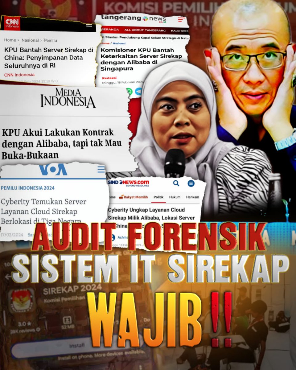 AUDIT FORENSIK
SISTEM IT SIREKAP
WAJIB ‼️

#BongkarKecuranganPemilu2024
#DukungHakAngketDPR