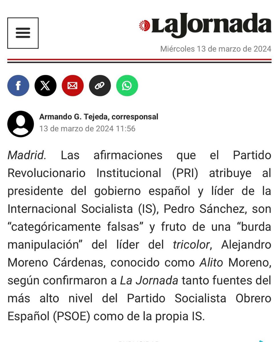 alitomorenoc's tweet photo. ¡@LaJornada MIENTE! La que atribuyó declaraciones del Presidente de España @sanchezcastejon a las elecciones mexicanas fue la candidata @Claudiashein. Ni el PRI, ni yo en lo personal. 

Aquí les dejo lo que dijo Claudia, lo que dijo La Jornada y lo que yo dije en entrevista de radio.