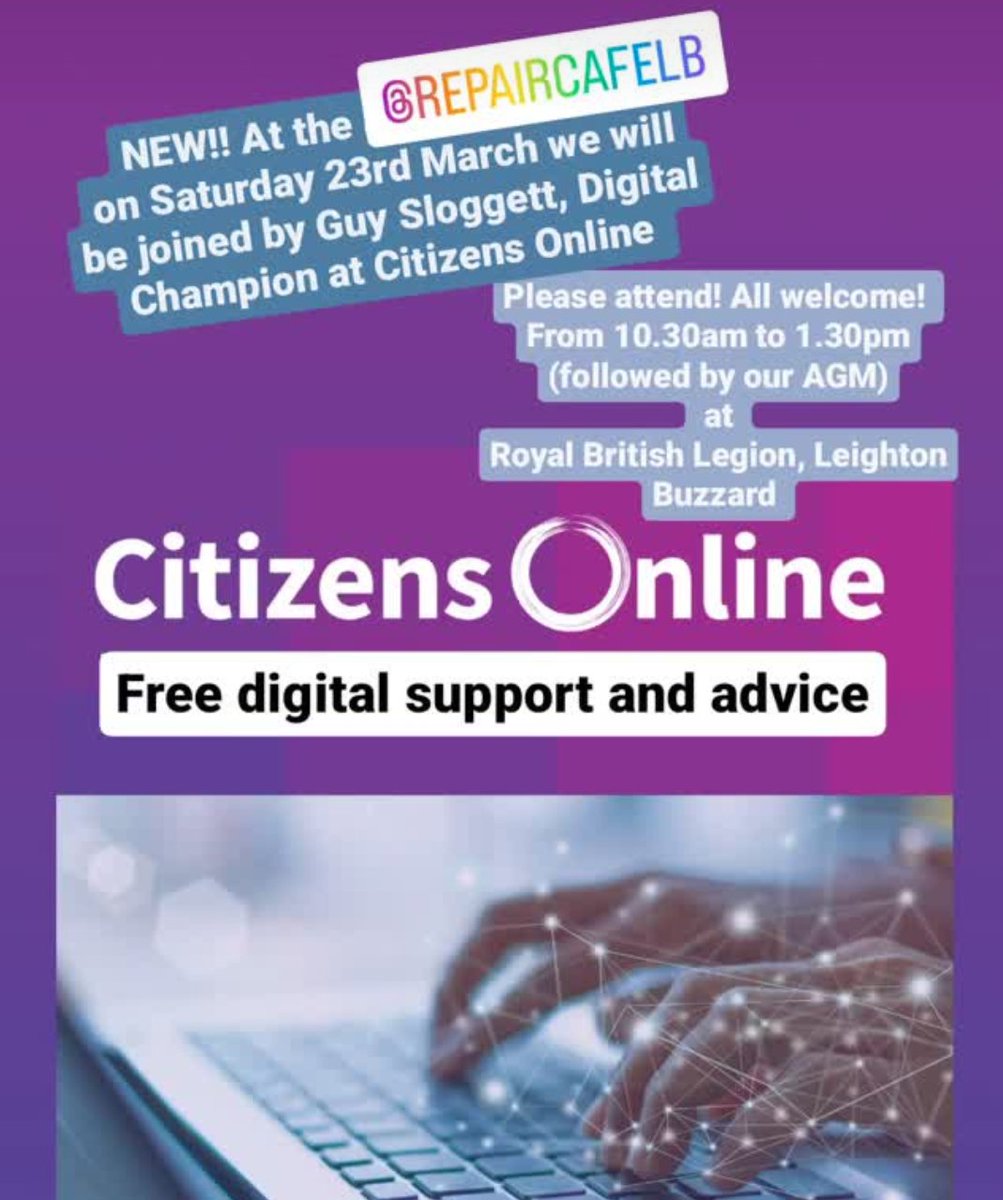 Don't forget to attend our next #RepairCafeLB event on 23 March. We will be joined by @CitizensOnline1 Digital Champion providing free digital support and advice. Also we are holding our AGM and celebrating 🎉🥳 our 1st year. All welcome!! AGM will take place from 1.30pm