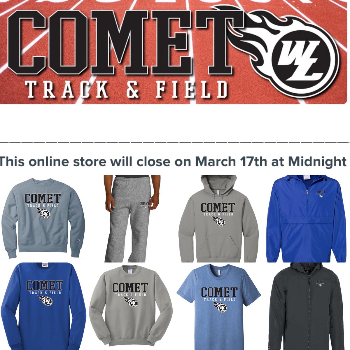 WestLibertyCSD's tweet photo. WL Track &amp; Field apparel can be purchased at the link below until midnight on 3/17/24
https://t.co/EgbyZMywXF
WL Golf apparel can be purchased at the link below until midnight on 3/24/24
https://t.co/a5eGJdMPj7
Thanks for your continued support! GO COMETS! https://t.co/DNGRt6m7sK