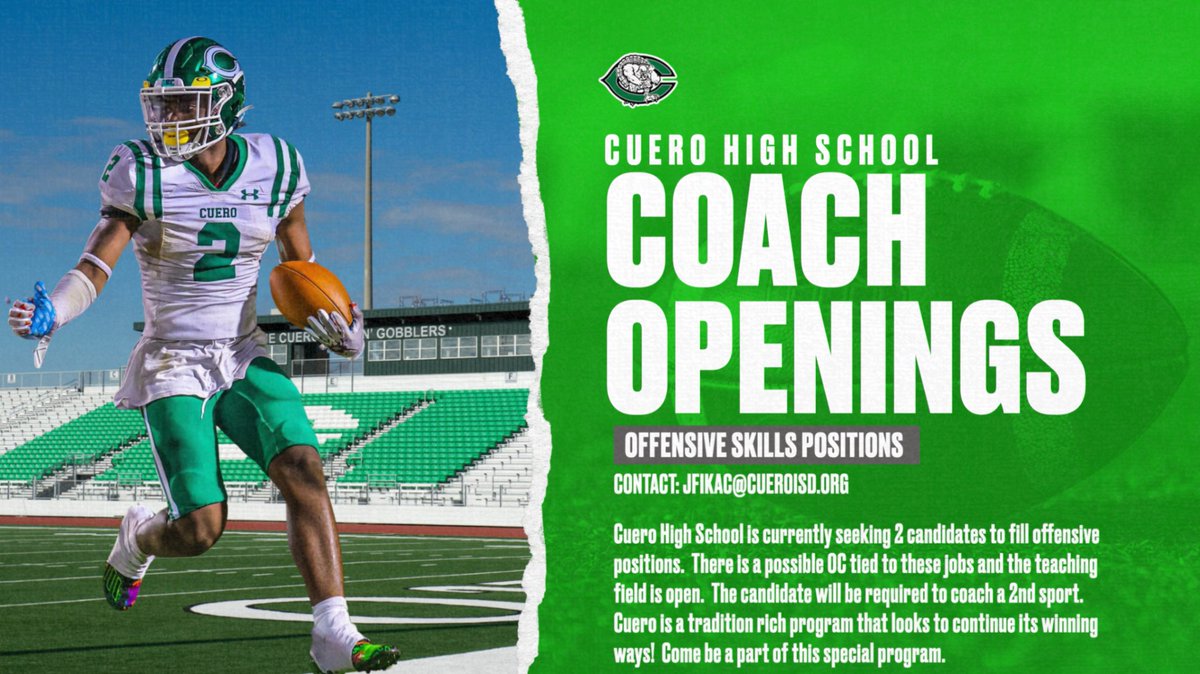 Come be a part of something special!  Cuero is a great school with great community support!  E-mail your resume to Coach Jerod Fikac (jfikac@cueroisd.org)