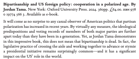 Bipartisanship is not dead. This, and more (mostly) uplifting tales of congressional politicking in my latest review in @IAJournal_CH of Jordan Tama's excellent new book. academic.oup.com/ia/article/100…