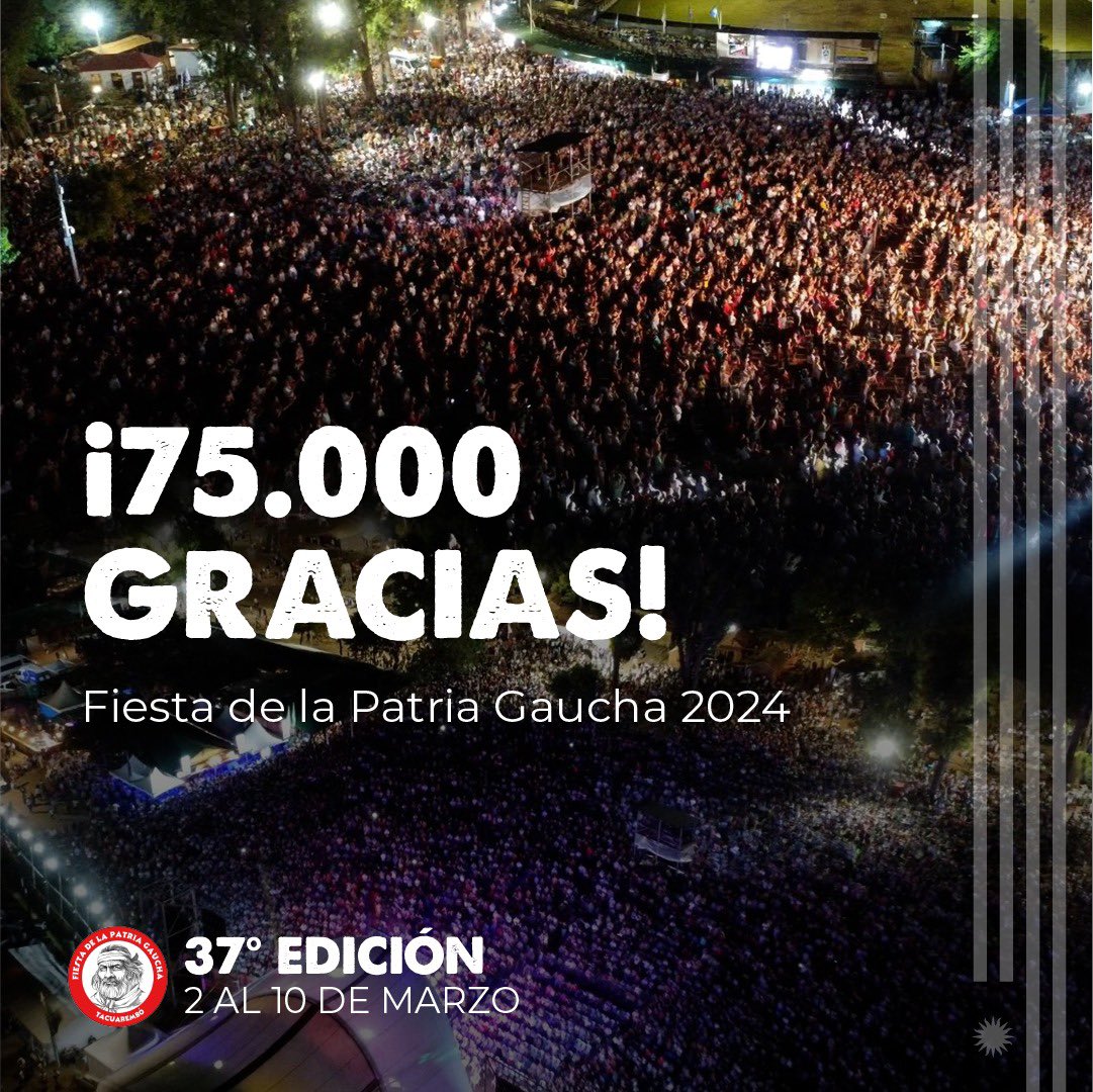 ¡75,000 gracias! 🇺🇾🇺🇾🇺🇾🇺🇾🇺🇾 ¡Gracias por su entusiasmo, dedicación y por hacer de la 37a edición de la Fiesta de la Patria Gaucha un evento inolvidable para todos! 🤠