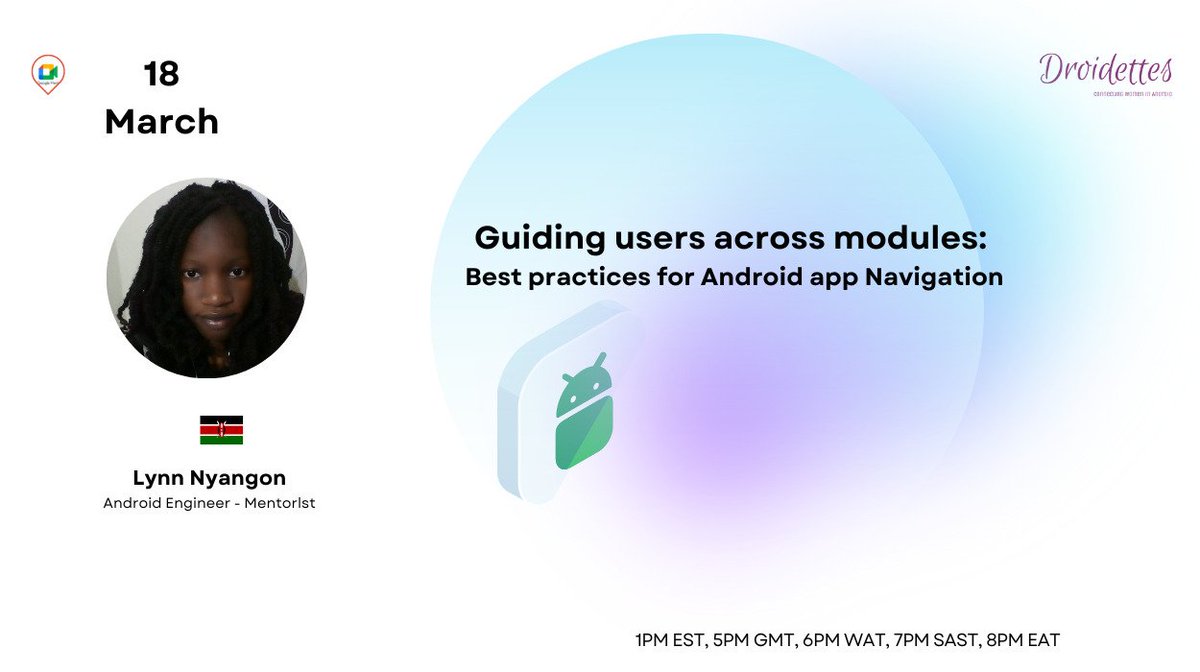 droidettes (@droidettes) on Twitter photo Hello🎉🎉
Join us this Monday as we dive🚀 into the world of seamless app navigation with our upcoming session on "Guiding Users across Modules" by <a href="/lynnanastasia01/">lynn_anastasia</a>🥳.
Don't forget to RSVP📩:bit.ly/App_Navigation Hello🎉🎉
Join us this Monday as we dive🚀 into the world of seamless app navigation with our upcoming session on "Guiding Users across Modules" by <a href="/lynnanastasia01/">lynn_anastasia</a>🥳.
Don't forget to RSVP📩:bit.ly/App_Navigation