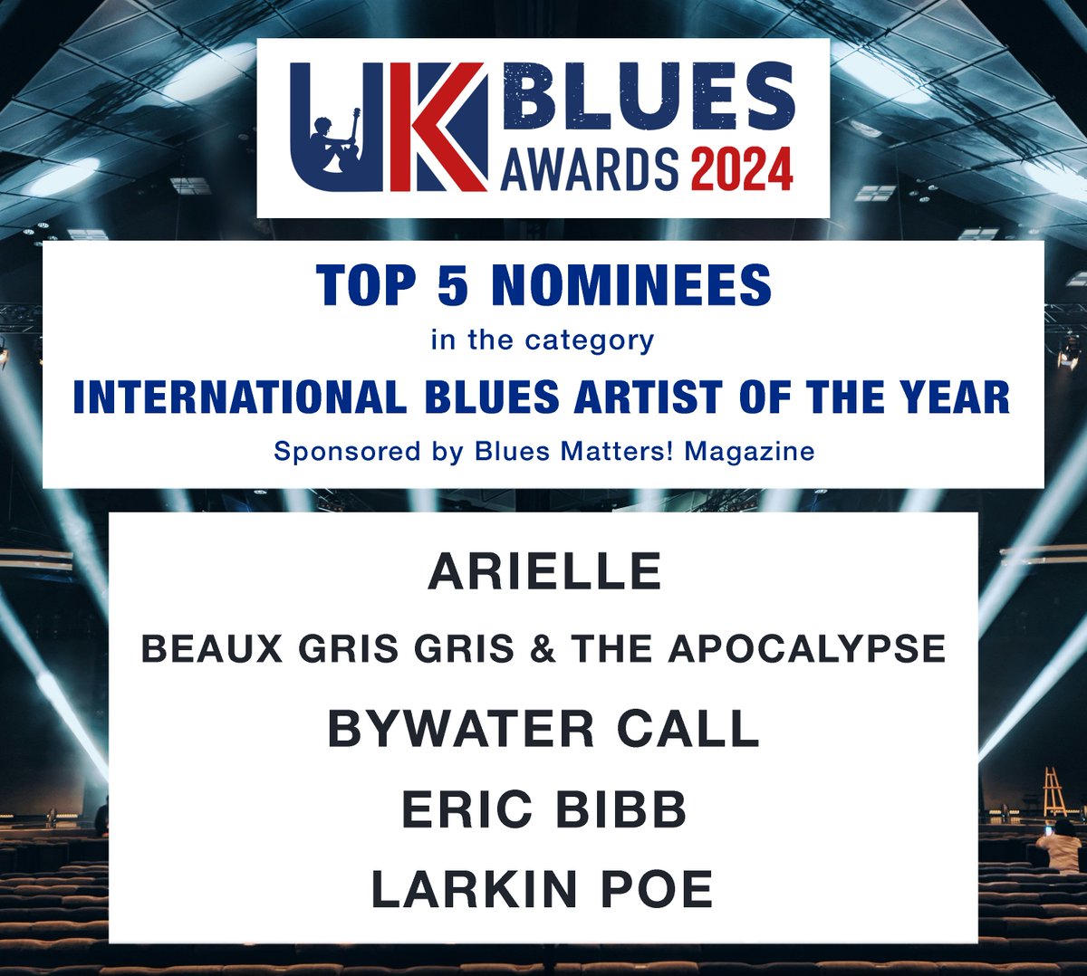 Congratulations to the Finalists of the International Blues Artist of the Year! The winner will be announced at the Awards ceremony 25th April! Good luck to all. @Arielleofficial @BeauxGrisGris @bywatercall @EricBibb @LarkinPoe @BluesMattersMag