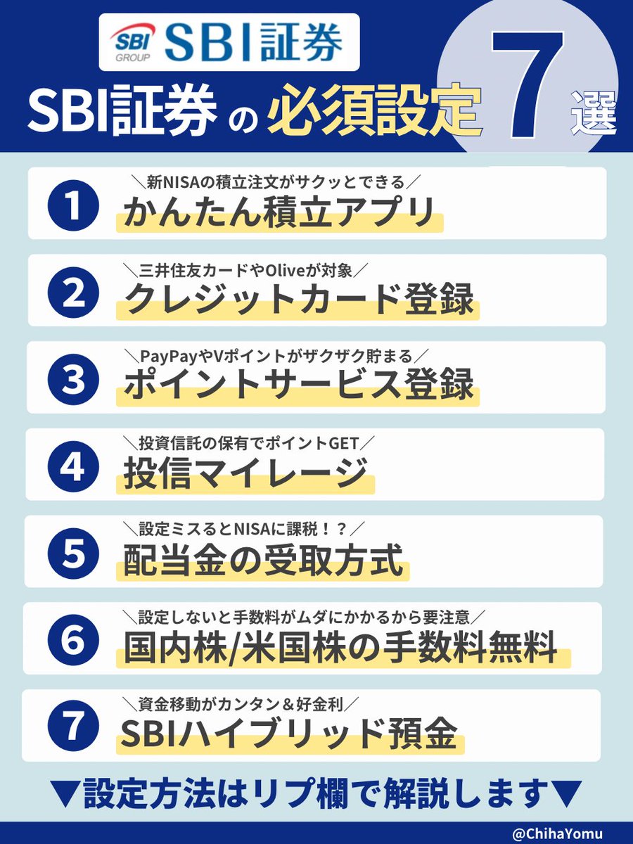 SBI証券で新NISA はじめた♪」と友人がいうので、『設定ちゃんとした？ミスってると大損だよ』というと、「何それ？」ときくので教えた。設定ミスると、ムダに手数料 かかったり、ポイントもらえなかったり、最悪NISAに税金かかるから要注意。やり方は簡単。それぞれ1分で ...