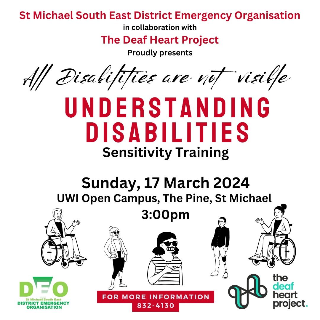 On Sunday 17th March 2024, the St. Michael South East DEO will be hosting  a session: 'Understanding Disabilities' as part of their Disaster Risk Reduction and community engagement program.  See flyer for more details. 

#training #communityoutreach #sensitivitytraining