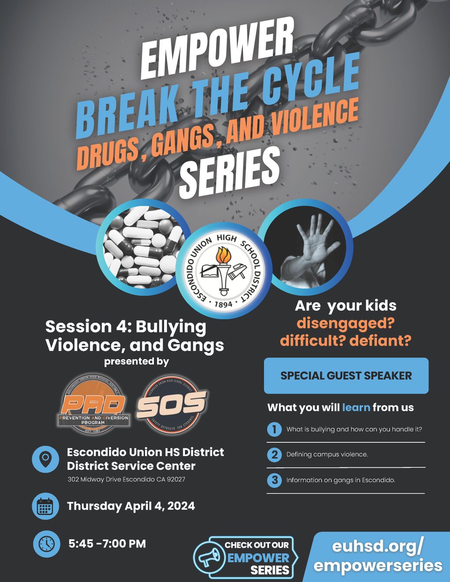 Save the date! You are invited to EUHSD’s workshop series on Thursday, April 4. The session will center on topics such as bullying, violence, and gangs. Come and gather important and helpful information. @DelLagoAcademy @ehscougars @OrangeGlen @SanPasqualHS @vhsgrizzlies