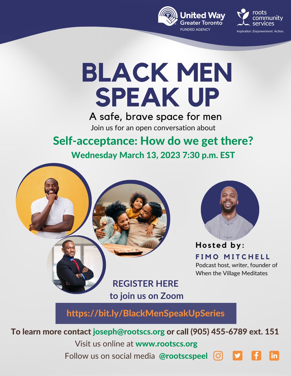 Join us for this month's Black Men Speak Up segment. We focus on the theme of Self-acceptance as we ask ‘How do we get there?’ We look forward to hearing your unique perspectives this evening at 7:30pm. #rootscs #blackmenspeakup #blackmen