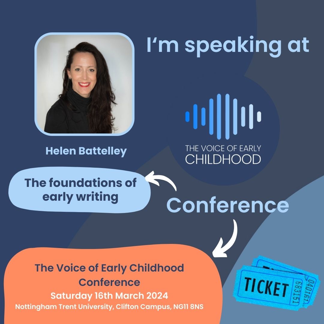 TheVoiceOfEC's tweet image. Helen Battelley will be speaking at The Voice of Early Childhood Conference on the 16th March 2024 🤩

@HBattelley will be presenting on 👇🏾👇🏼

The foundations of early writing

@musicandmove

#TVOEC #EarlyWriting #MarkMaking #Literacy #PhysicalDevelopment