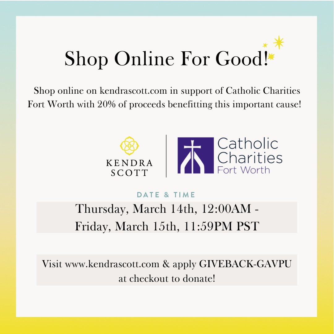 TOMORROW @KendraScott is hosting a Give Back Event for CCFW on March 14 from 5 to 7 p.m.! Join the party and mention CCFW, 20% of proceeds are donated back to directly impact our amazing clients! #RelentlesslyEndingPoverty