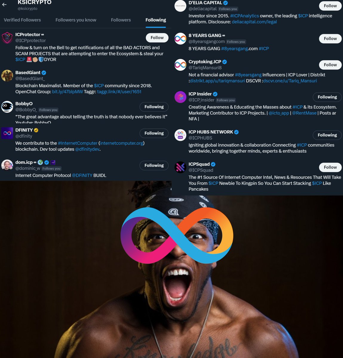 ICP friends, remember when I told you one day will come when influencers  will start coming to this ecosystem? KSI (25M+ subs) has just followed a  lot of accounts from the ICP