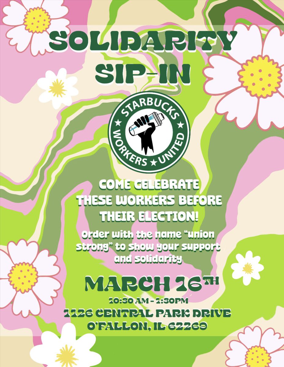 Please join us this Saturday at the Belleville IL store to celebrate these workers on the road to their election!! Order something easy (water is free 😉🍉) and tip your soon-to-be union baristas 💪🏼💚