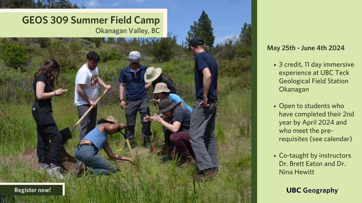 Come get your hands dirty this summer during GEOS 309 Field Camp, hosted at the state-of-the-art Teck Geological Field Station in the Okanagan Valley! 🌄 🗓️May 25th-June 4th, 2024 Join us for this immersive 11 day, 3 credit course. Info & registration: bit.ly/Geos_309