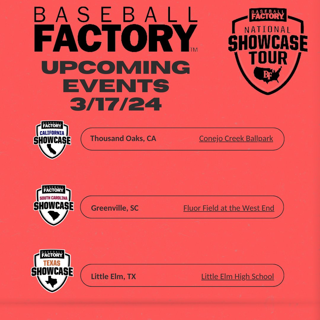 BaseballFactory's tweet photo. Still spots remaining for our upcoming Baseball Factory National Showcases!
3/17/24:
⚾Thousand Oaks, CA
⚾Greenville, SC
⚾Little Elm, TX
Click the link 🔗in the bio to start your journey. #Factoryway https://t.co/dYEuAOYTVx