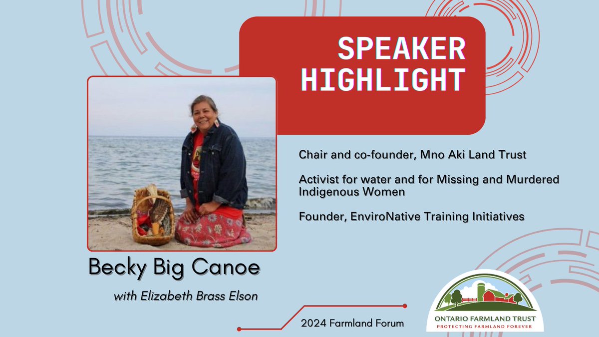 Morning Keynote Announcement! Becky Big Canoe and Elizabeth Brass Elson will be joining the #2024FarmlandForum from Mno Aki Land Trust to speak about Indigenous approaches to conservation and land trusts. For more details: ontariofarmlandtrust.ca/forum/ #ontag #farmlandforever