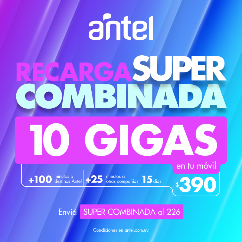 AntelDeTodos's tweet photo. ¡GIGAS + minutos para estar siempre comunicado! ¡Por solo $390, tenés 10 GIGAS y 125 minutos para disfrutar por 15 días! Enviá SUPER COMBINADA al 226 o comprala en nuestra web