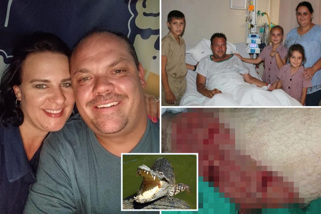 nypost's tweet photo. Wife rescues husband from jaws of 13-foot crocodile by bludgeoning beast with tree stump till it let go https://t.co/KYaOpOVzQz https://t.co/muJAZjti0x