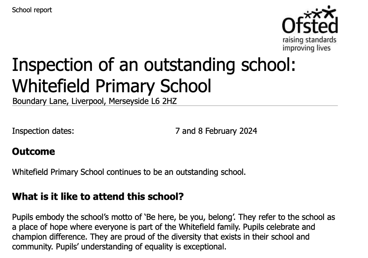 So proud to share our Ofsted report today reflecting our amazing school community. Pupils embody the school’s motto of ‘Be here, be you, belong’. They refer to the school as a place of hope where everyone is part of the Whitefield family. Read it here whitefieldprimaryschool.co.uk/areas-of-excel…