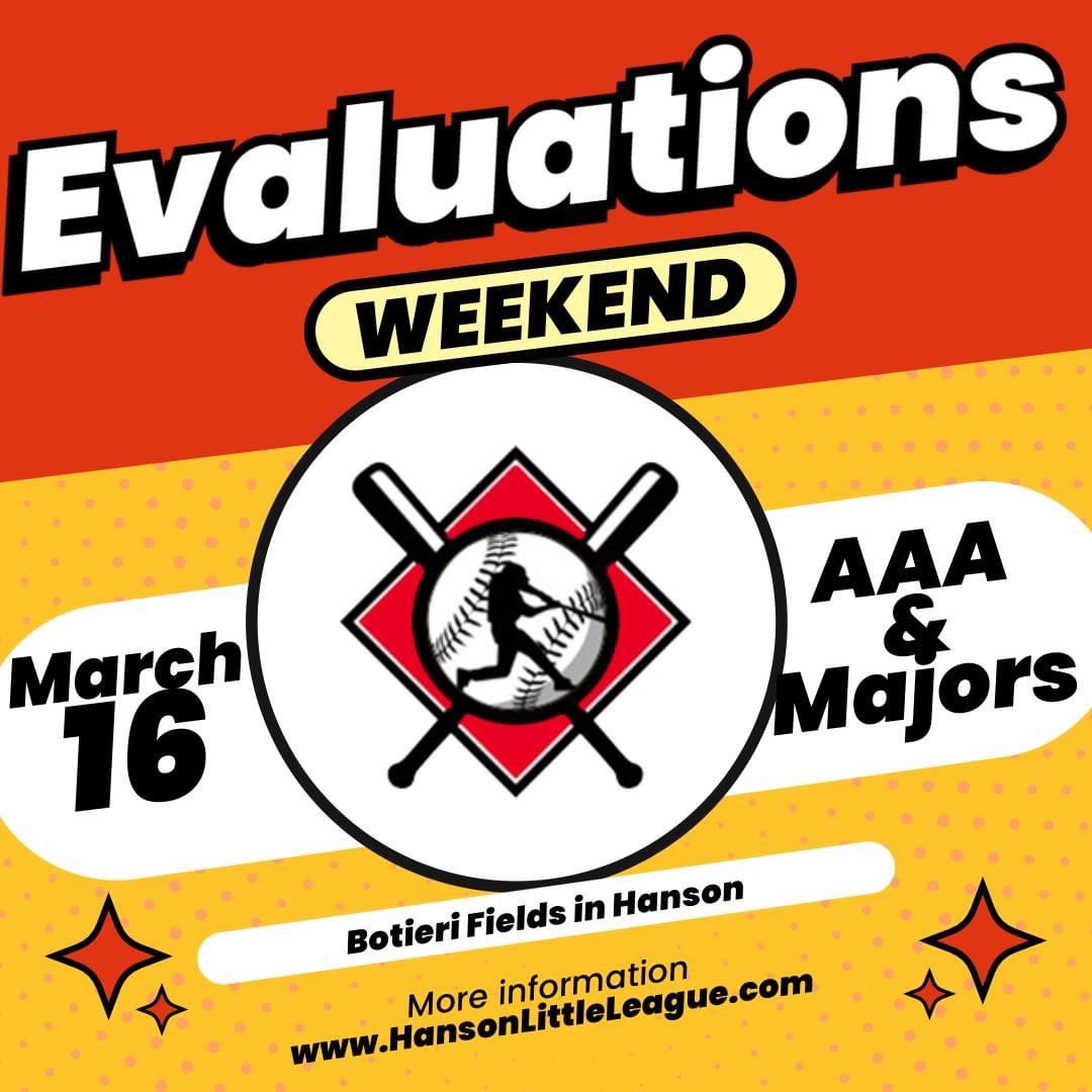 HansonLL02341's tweet photo. Minors (AAA) and Majors evaluations are this Saturday starting at 2:00pm at the Hanson Botieri Field Complex

Minors (AAA) From 2:00pm to 3:00pm (8 year old players trying out for the AAA division should also show up at 2 pm)
Majors from 3:00pm to 4:00pm https://t.co/3HP6E7q1aS