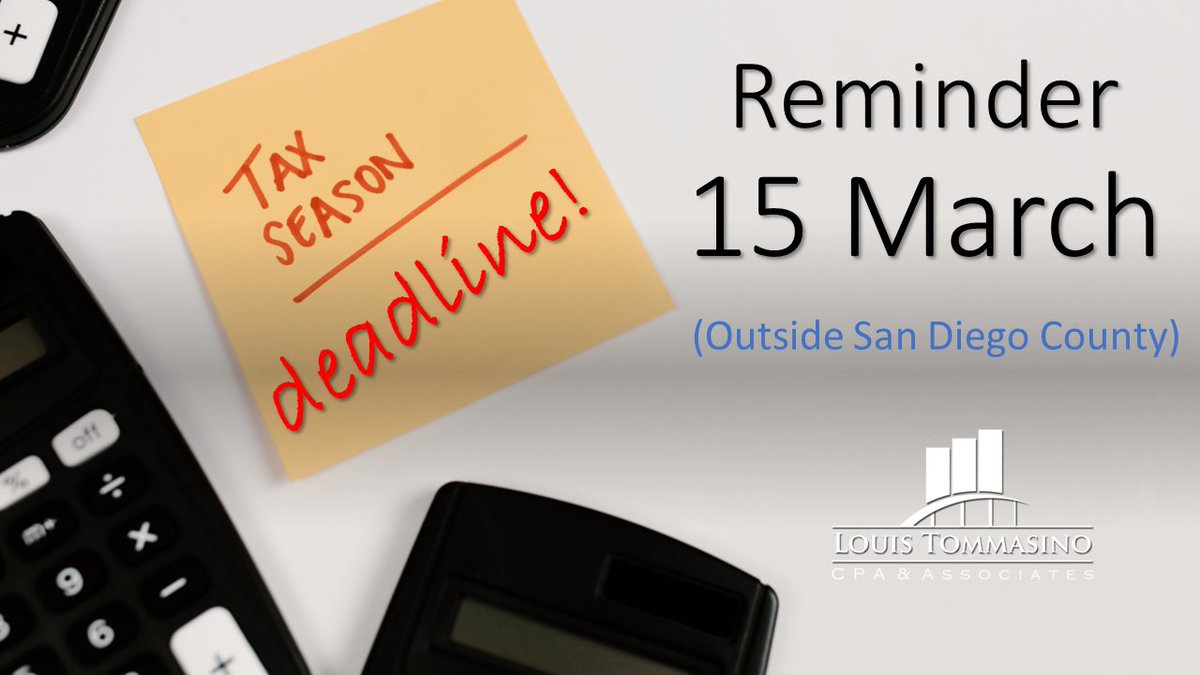 The tax return deadline is fast approaching!

We can help.

Call 858-623-0336 (ext. 104), or email: diego@tommasino-cpa.com

tommasino-cpa.com

#taxdeadline #taxreturn #taxes #tax #accountant #TaxSeason #taxes2024 #taxyear #CPA #California #californiatax #deadline #15march