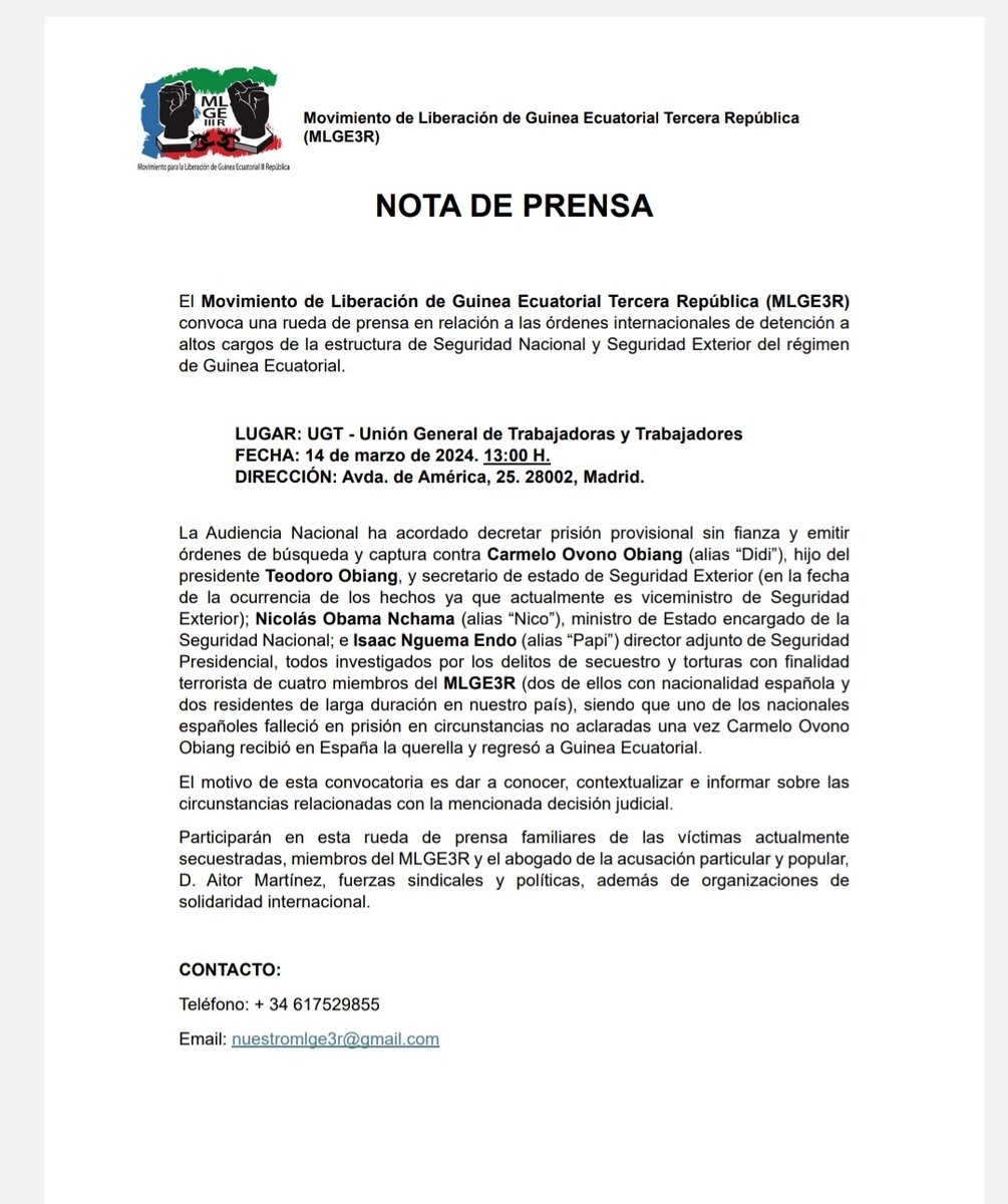 MareasCiudadana's tweet photo. 🇬🇶 #GuineaEcuatorial
¡Abajo la dictadura!
RUEDA DE PRENSA de #MLGE3R : órdenes internacionales de detención a
altos cargos de la dictadura de Guinea Ecuatorial.
Más información en la web de la Asociación Paz Ahora 👇
https://t.co/5NpxK9Jrgm https://t.co/hFNCRf22mM