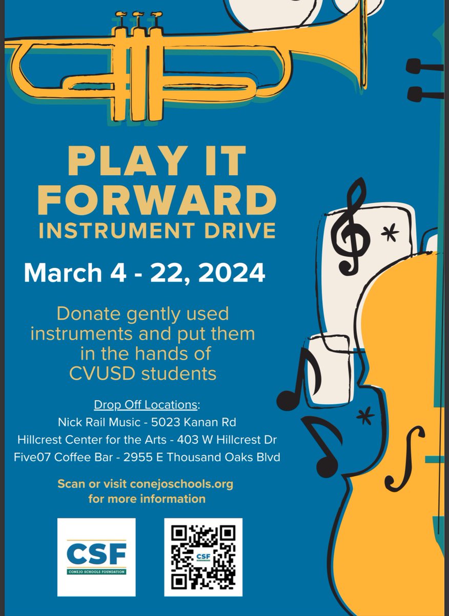 Five07 (@thefive07) on Twitter photo Still time to Play it Forward: Donate gently used instruments for <a href="/ConejoValleyUSD/">Conejo Valley USD</a> students. Our new location at 2955 E. Thousand Oaks Blvd is serving as a drop-off spot. Do it for the kids! (and coffee) Still time to Play it Forward: Donate gently used instruments for <a href="/ConejoValleyUSD/">Conejo Valley USD</a> students. Our new location at 2955 E. Thousand Oaks Blvd is serving as a drop-off spot. Do it for the kids! (and coffee)