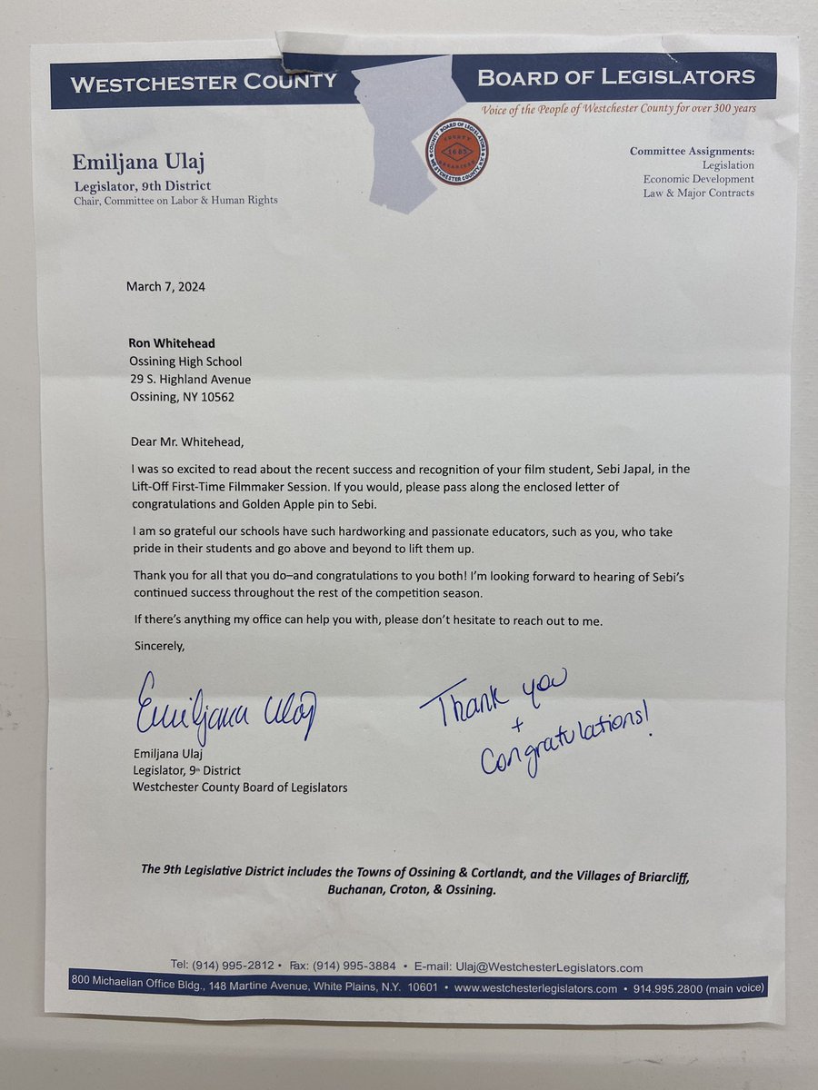 PROUD FILMMAKING TEACHER … today, Sebi received a personalized letter and the Westchester Golden Award from Legislator Emiljana Ulaj for having his film in this years Lift-Off Film Festival. @OUFSD_Arts @OHSPride @Lin_OHS @MrQPhoto @OssiningSchools