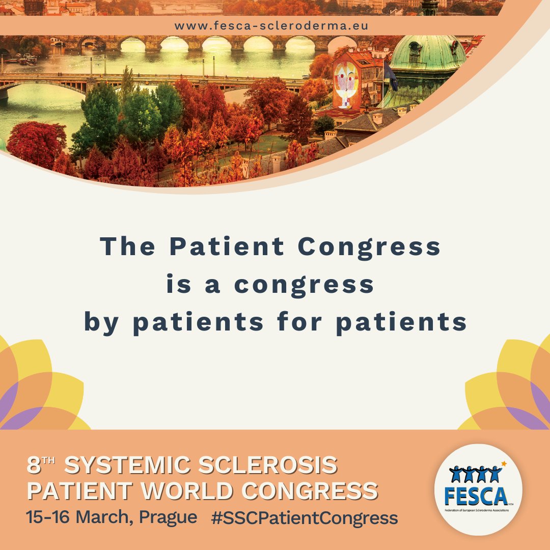 Fscleroderma's tweet image. FESCA is convinced that to truly make a difference, patients should be involved at eye level in research, treatment and health policy! That's why we are hosting the #SSCPatientCongress in Prague - an event by patients for patients with #Scleroderma. See you 15-16 March!
