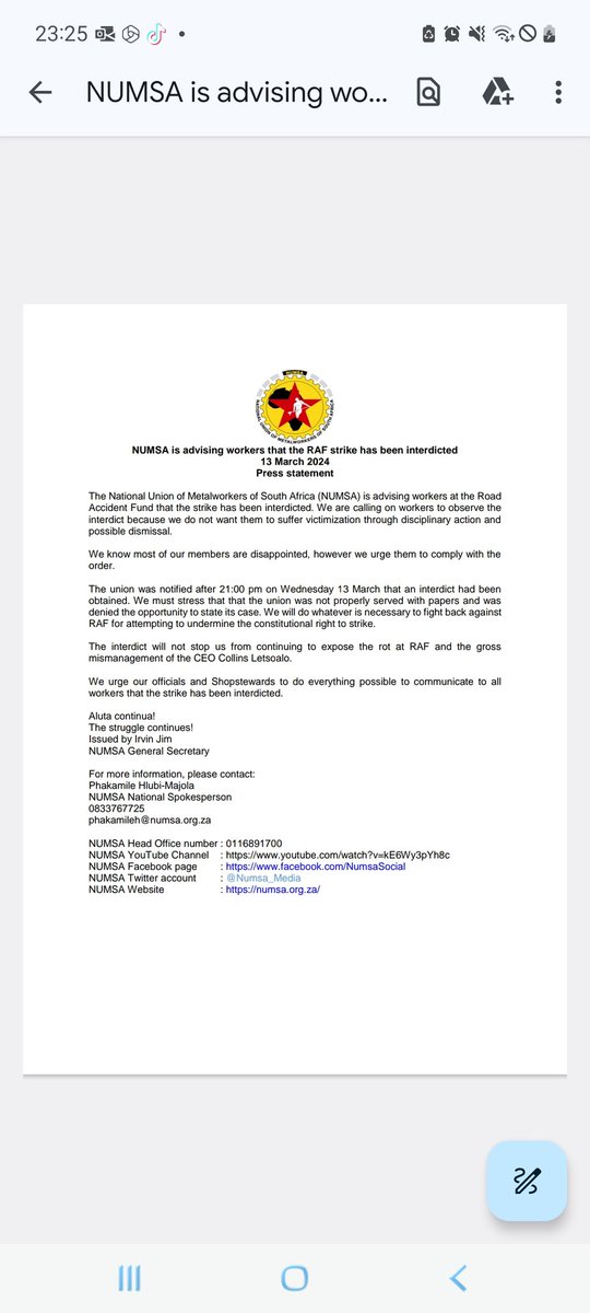 phakxx's tweet photo. The strike which was due to start on the 14th of March at the Road Accident Fund has been interdicted. We are calling on workers to observe the interdict, details below ππΎ
@IrvinJimSA
#ForTheLoveWorkingClass
β€οΈπ€π https://t.co/8KSGCRDEU9